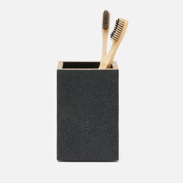 Pigeon & Poodle Manchester brush holder in charcoal shagreen texture with two bamboo toothbrushes.