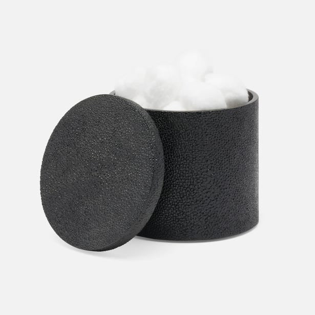Pigeon & Poodle Manchester bath canister in black shagreen texture, filled with cotton balls.