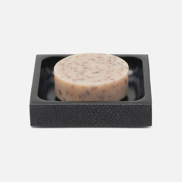 Pigeon & Poodle Manchester soap dish in black with round speckled bar soap.