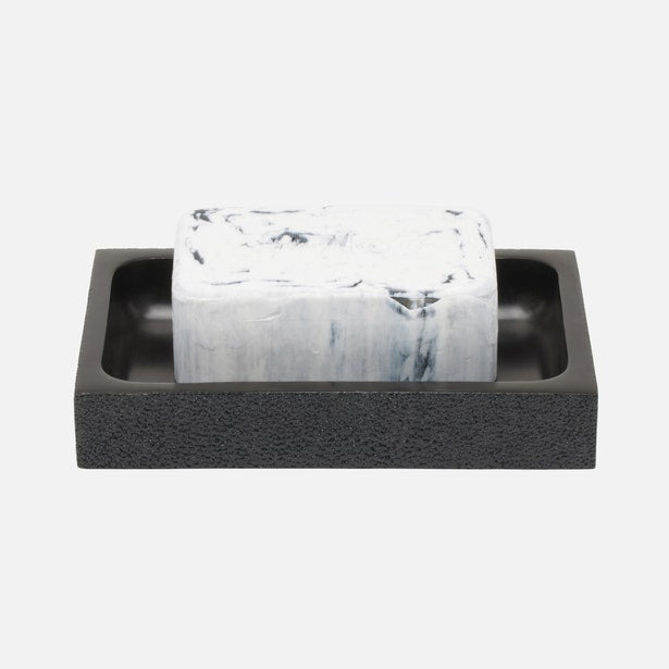 Pigeon & Poodle Manchester soap dish, textured charcoal tray holding a marbled white soap bar.