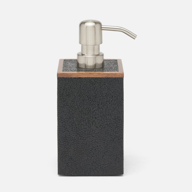 Pigeon & Poodle Manchester soap pump in charcoal with walnut trim and brushed nickel dispenser.