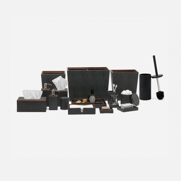 Pigeon & Poodle Manchester charcoal bath accessories collection flat lay.