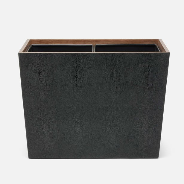 Pigeon & Poodle Manchester wastebasket in charcoal shagreen with walnut rim, two-compartment interior.