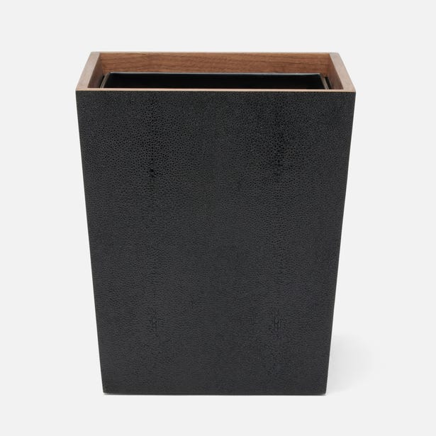 Pigeon & Poodle Manchester wastebasket in black shagreen texture with walnut wood rim.