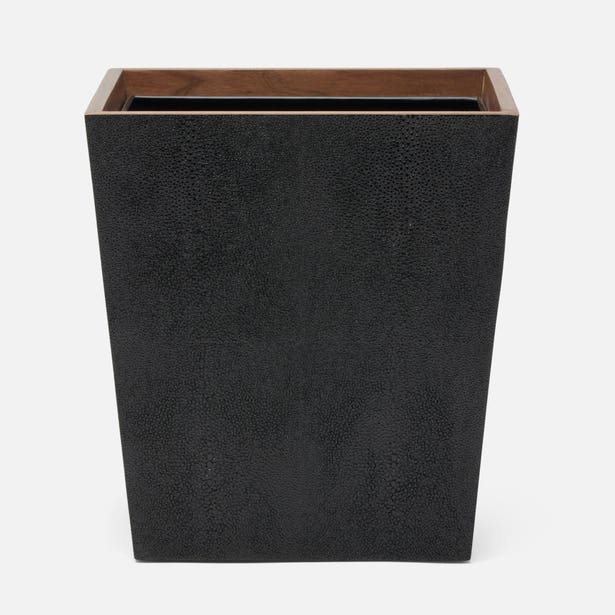 Pigeon & Poodle Manchester wastebasket in charcoal shagreen texture with walnut wood trim.