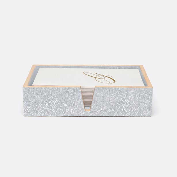 Manchester hand towel tray set in grey shagreen texture with stacked ivory towels and gold monogram.