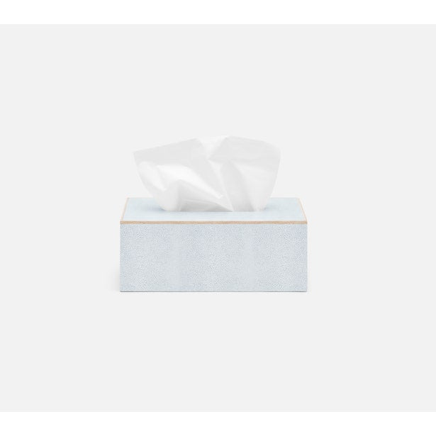 Close-up of Pigeon & Poodle Manchester tissue box in pale blue faux shagreen with gold trim.