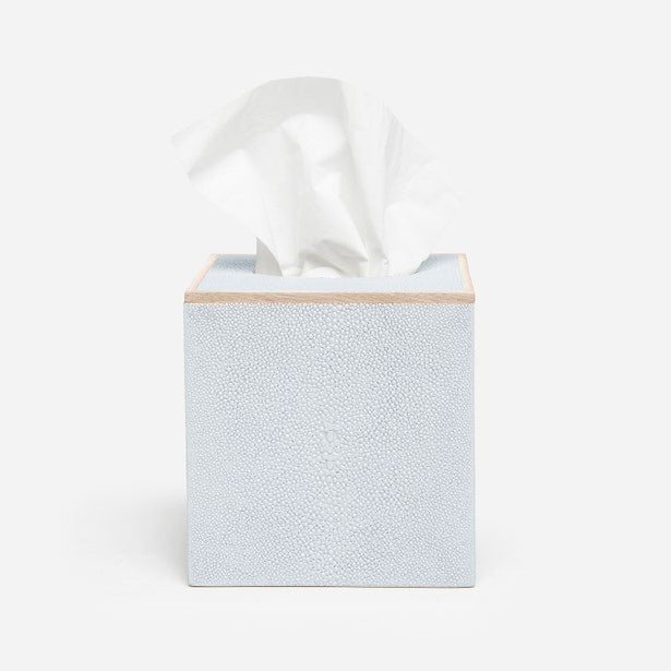 Pigeon & Poodle Manchester tissue box in pale blue shagreen texture with natural trim, tissue emerging from top.