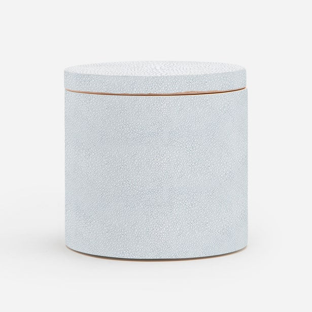 Close-up of Pigeon & Poodle Manchester bath canister in pale blue shagreen texture.