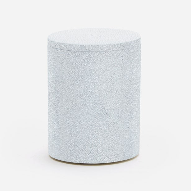 Close-up of Pigeon & Poodle Manchester bath canister in pale blue shagreen texture with lid.