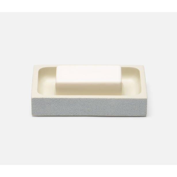 Pigeon & Poodle Manchester soap dish, silver shagreen exterior with ivory interior holding a bar of soap.