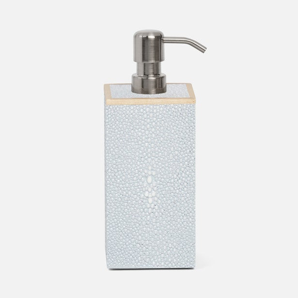 Pigeon & Poodle Manchester soap pump in cool blue shagreen texture, brushed nickel pump top.