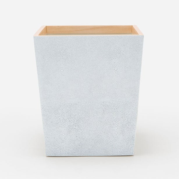 Pigeon & Poodle Manchester wastebasket in ivory shagreen texture with natural wood interior rim.