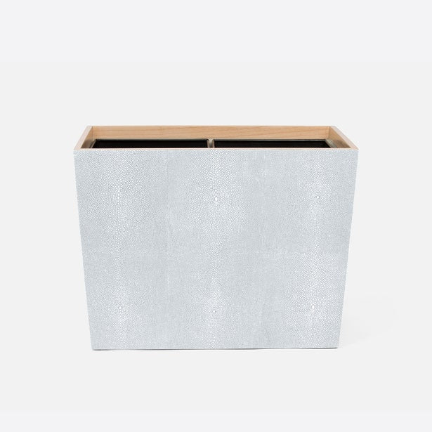 Pigeon & Poodle Manchester wastebasket in ivory shagreen texture with bamboo rim, front view.