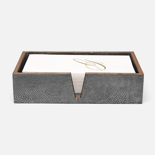 Pigeon & Poodle Manchester tray in charcoal shagreen with stacked ivory hand towels.