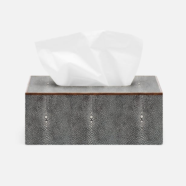 Angled view of Manchester tissue box in charcoal shagreen texture with walnut trim detail.