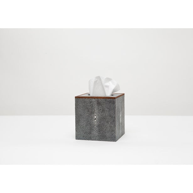 Close-up of Pigeon & Poodle Manchester tissue box in charcoal shagreen with walnut lid trim.