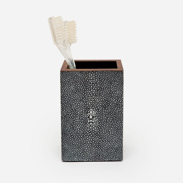 Charcoal shagreen-textured brush holder with toothbrushes, showing front and side detail.
