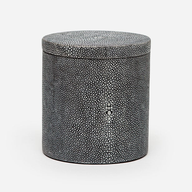 Close-up of Pigeon & Poodle Manchester bath canister in charcoal shagreen texture.