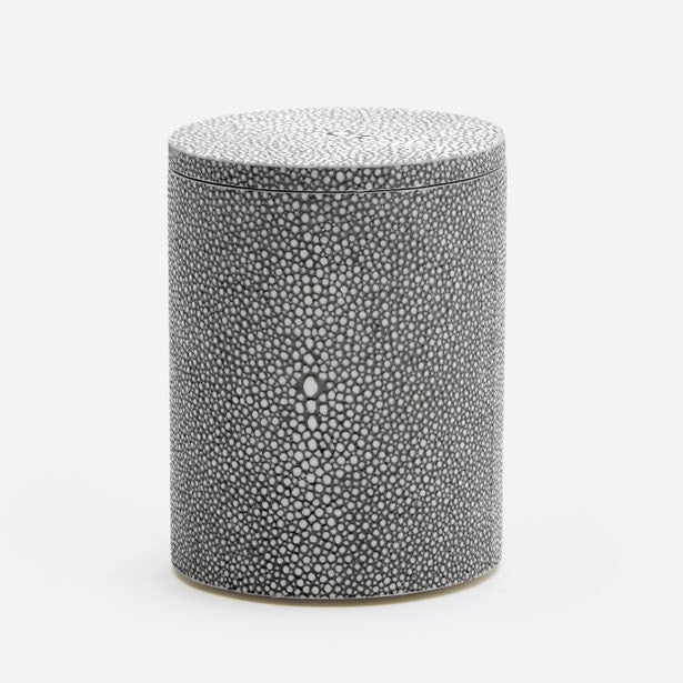 Pigeon & Poodle Manchester bath canister in charcoal shagreen texture, cylindrical with fitted lid.