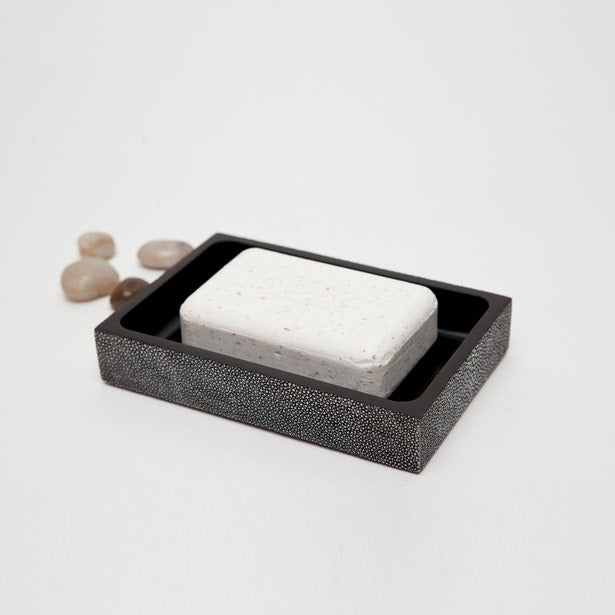 Pigeon & Poodle Manchester soap dish in charcoal shagreen texture holding a white bar soap.
