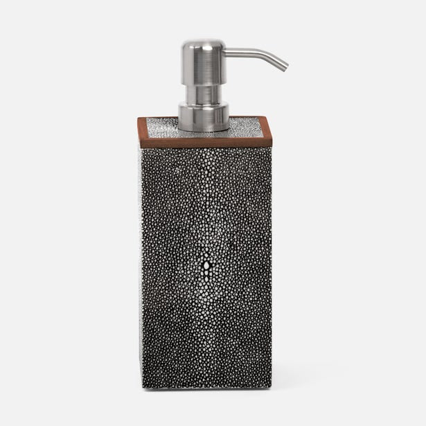 Pigeon & Poodle Manchester soap pump in charcoal shagreen with walnut trim and brushed nickel top.