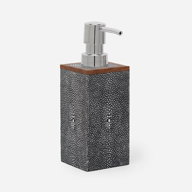 Pigeon & Poodle Manchester soap pump in charcoal shagreen texture with walnut trim and silver pump.