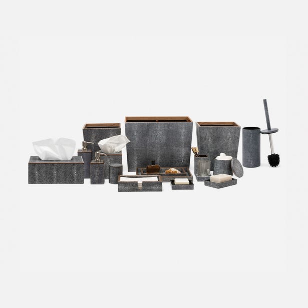 Pigeon & Poodle Manchester bath accessories collection in grey faux shagreen with wood trim.