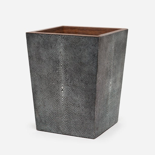 Angled view showing shagreen texture and walnut wood interior rim detail.
