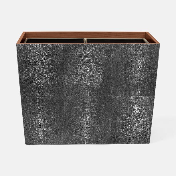 Pigeon & Poodle Manchester wastebasket in charcoal faux shagreen with walnut rim, divided interior.