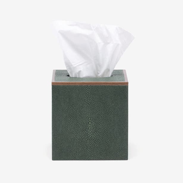Pigeon & Poodle Manchester tissue box in forest green shagreen with tan trim, tissue extended.