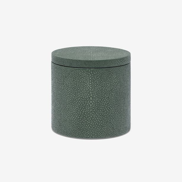 Close-up of Pigeon & Poodle Manchester bath canister in sage green shagreen texture.