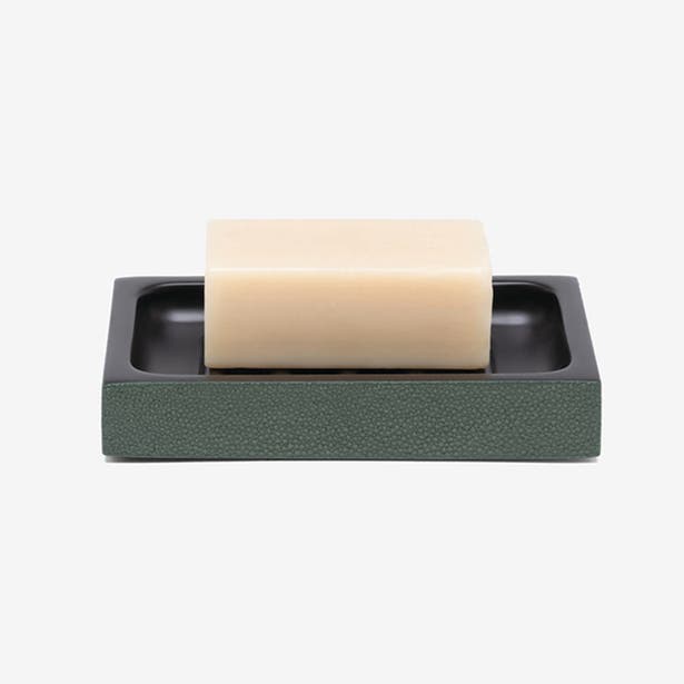 Pigeon & Poodle Manchester soap dish in green shagreen with dark tray insert, holding a bar of soap.
