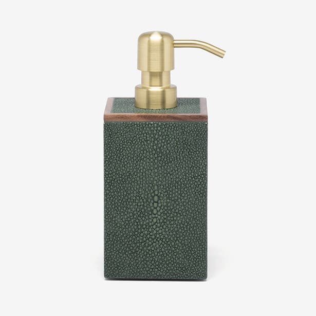 Pigeon & Poodle Manchester soap pump in forest green shagreen texture with brushed gold pump.