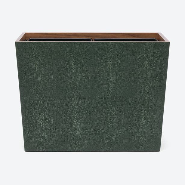 Pigeon & Poodle Manchester wastebasket in forest green shagreen texture with walnut rim detail.