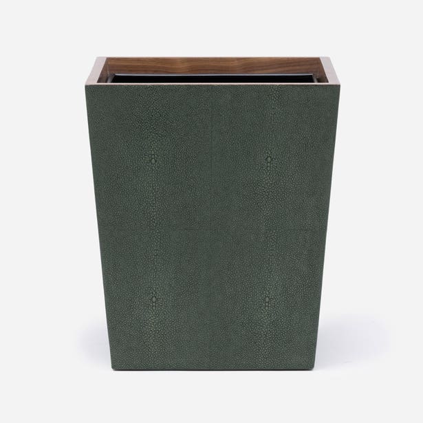 Pigeon & Poodle Manchester wastebasket in forest green shagreen with walnut wood rim.