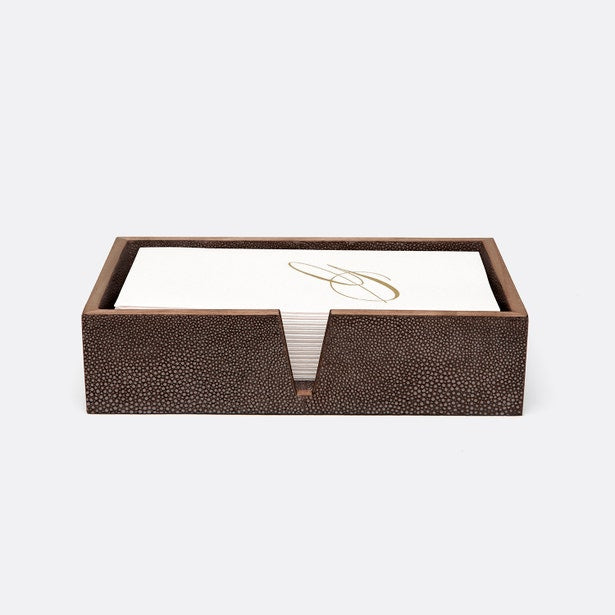 Pigeon & Poodle Manchester tray in chocolate shagreen holding ivory guest towels with gold monogram.