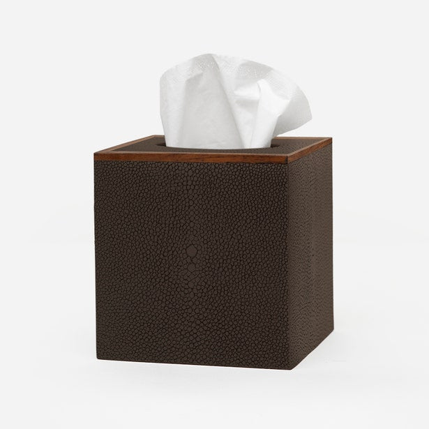 Pigeon & Poodle Manchester tissue box in chocolate shagreen texture with wood trim detail.