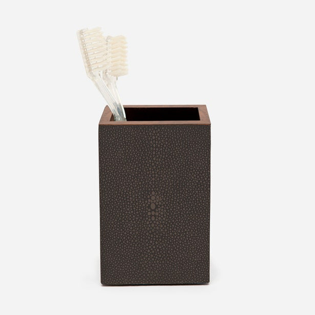 Pigeon & Poodle Manchester brush holder in chocolate shagreen, holding two toothbrushes.
