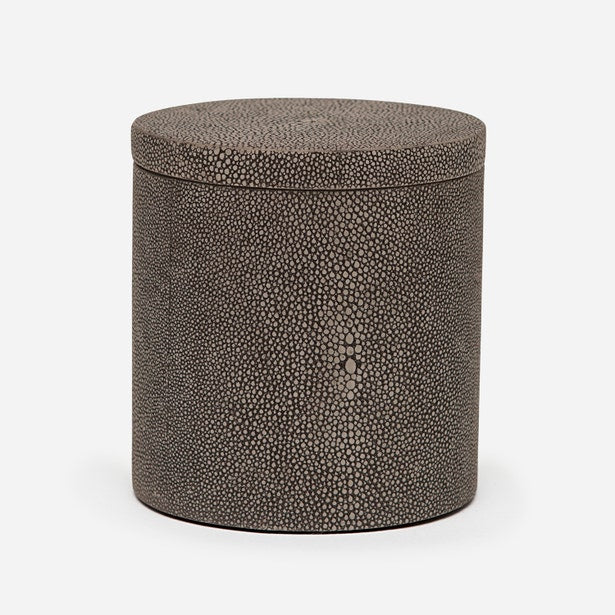Pigeon & Poodle Manchester bath canister in charcoal shagreen-textured finish, cylindrical lidded form.