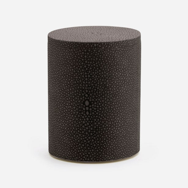 Pigeon & Poodle Manchester bath canister in charcoal shagreen texture, cylindrical lidded form.