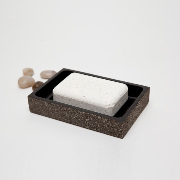 Close-up of Pigeon & Poodle Manchester soap dish in bronze shagreen with white bar soap.
