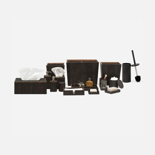 Dark brown crocodile-embossed Manchester bath accessories collection displayed together.
