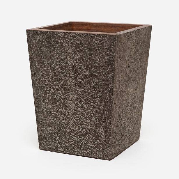 Pigeon & Poodle Manchester wastebasket in chocolate shagreen with walnut wood interior lining.