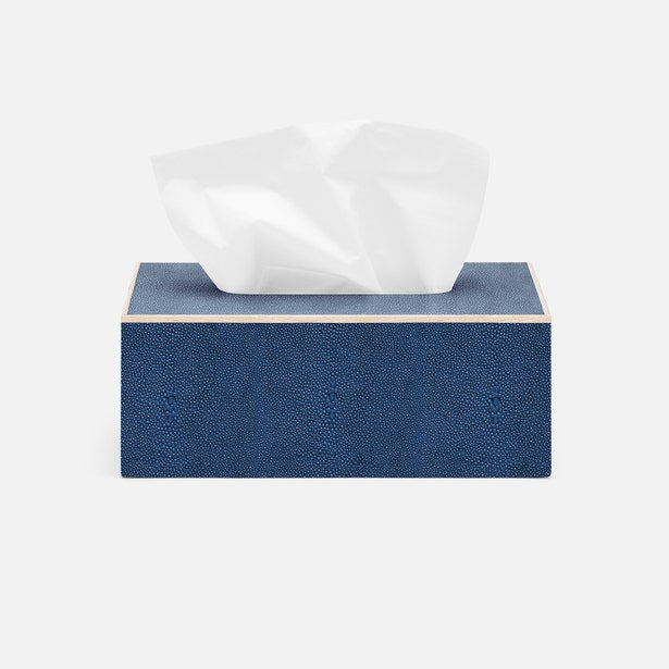 Pigeon & Poodle Manchester tissue box in navy shagreen texture with ivory trim, tissues visible.