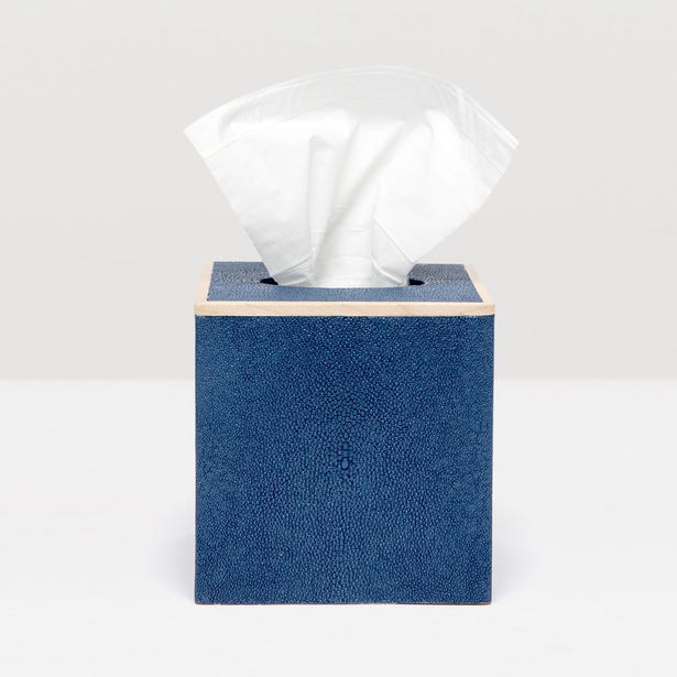 Pigeon & Poodle Manchester tissue box in navy blue shagreen texture, tissue pulled through top.