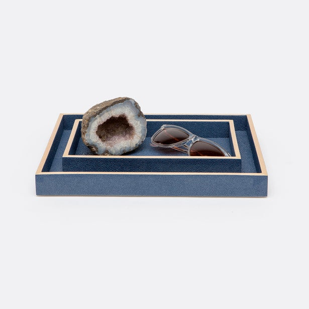 Pigeon & Poodle Manchester navy tray set styled with agate stone and sunglasses.