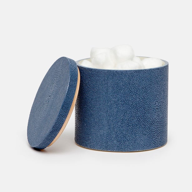 Pigeon & Poodle Manchester bath canister in blue shagreen texture, lid ajar with cotton balls inside.