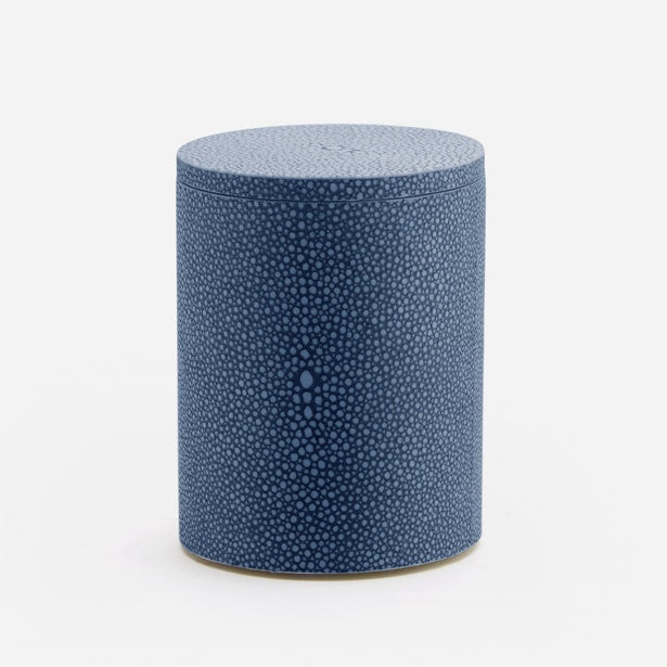 Pigeon & Poodle Manchester bath canister in blue shagreen-embossed texture, cylindrical form.