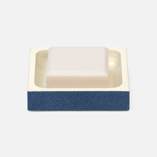 Pigeon & Poodle Manchester soap dish in navy shagreen texture holding a bar of soap.